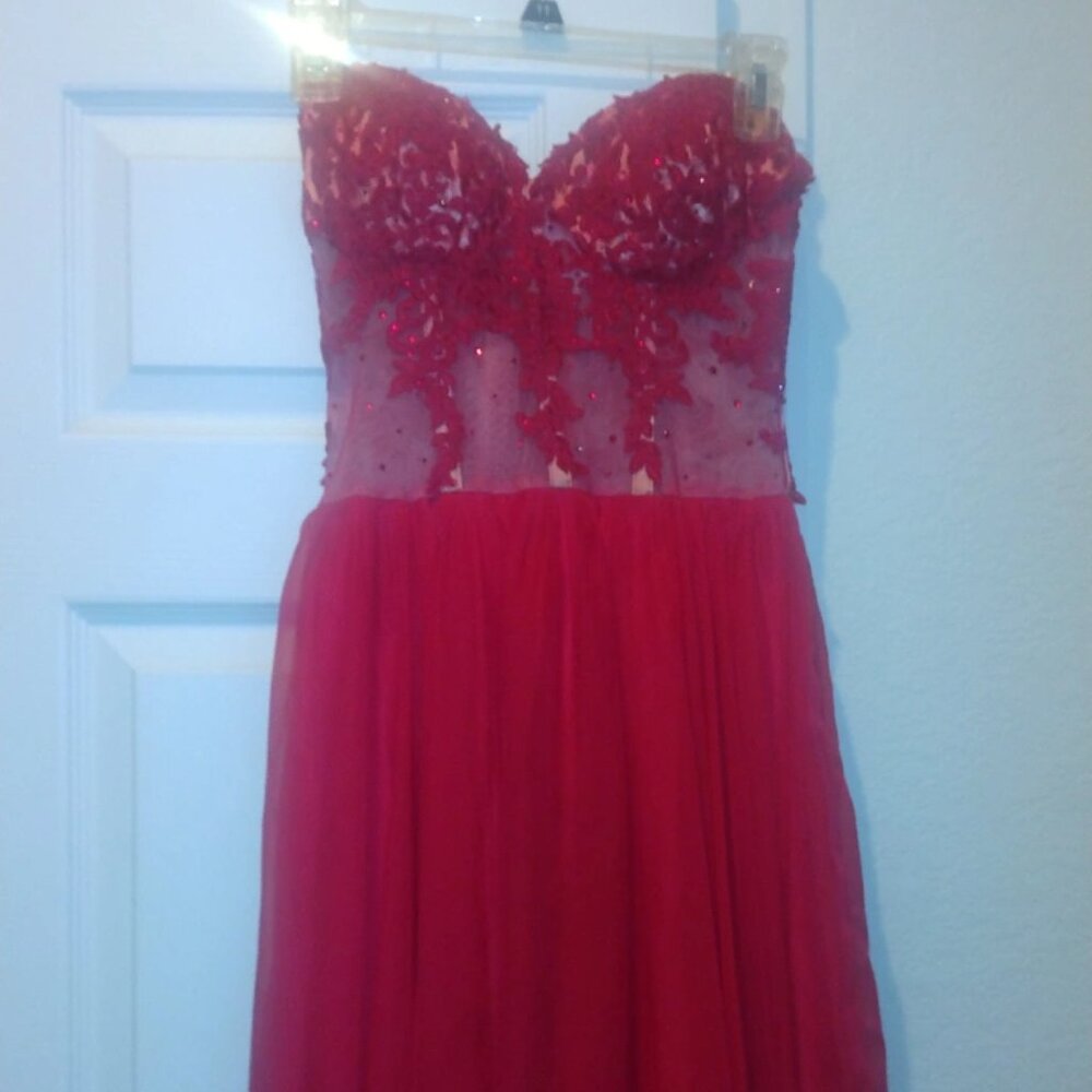 Red strapless lace prom dress